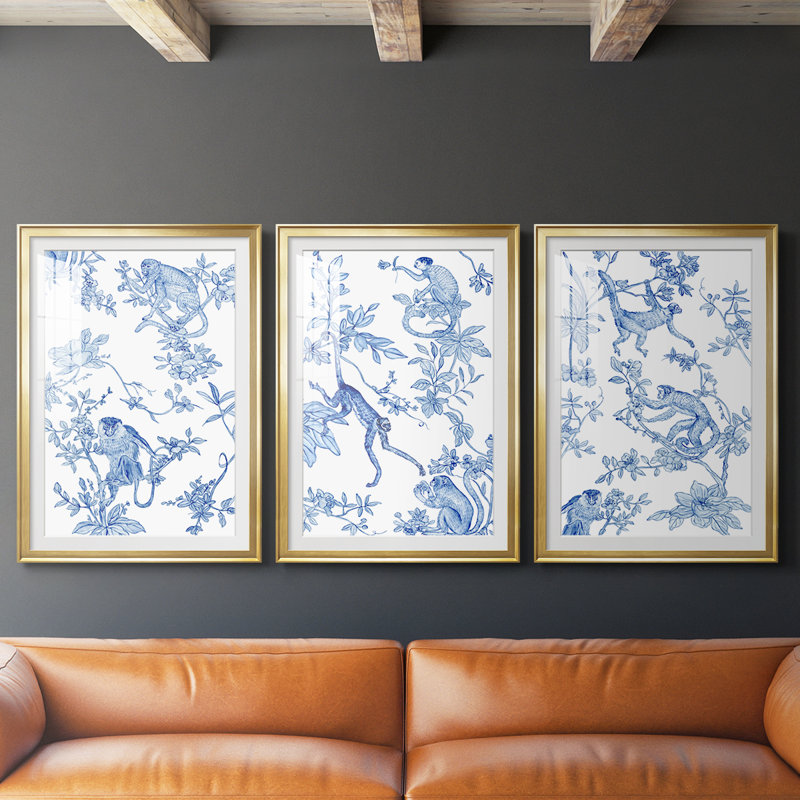 «Monkey Land II», reproduction encadrée sur mesure de qualité supérieure mate - 3 pièces, H 19 po x l 27 po