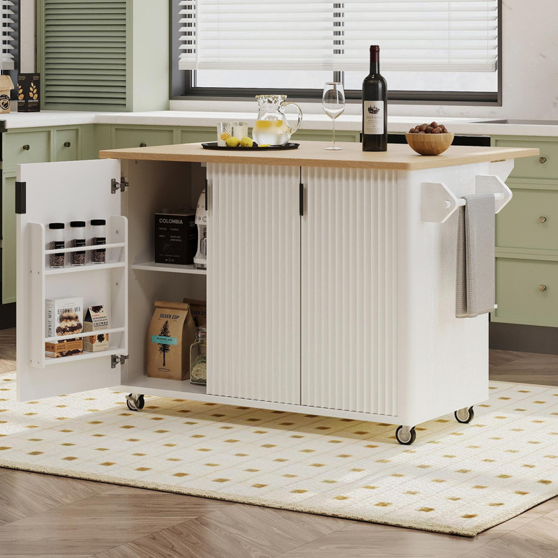 51" Fluted Kitchen Island With Drop Leaf, Farmhouse Accent Kitchen Island On Wheels With Internal Storage Rack, Rolling Kitchen Cart With Towel Rack For Kitchen, Dining Room, White Ash