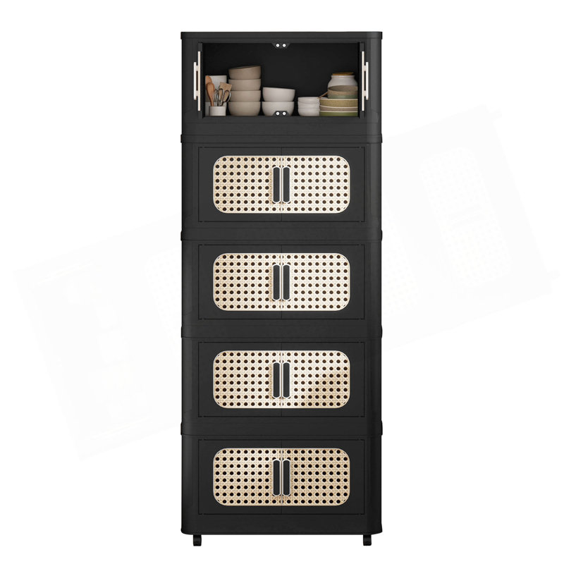 20" Side Wide Folding Storage Cabinet ,5 Tiers,19.69"×11.81"×50.00",Collapsible Storage Bins With Magnetic Door, Plastic Storage Cabinet With Wheels