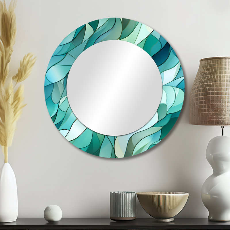 Seaglass Mosaic Emerald Coastal Pattern - Abstract Wall Mirror, Modern Decorative Mirror, Printed Metal Art, 23" x 23", Round