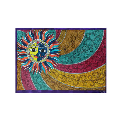 Sun and Moon Alcohol Markers and Fineliners Painting on Paper by Ruchi - Madhubani Celestial Folk Wall Art for Boho Meditation Decor
