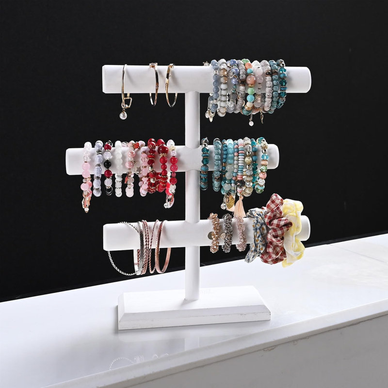 Présentoir à bijoux en bois à 3 niveaux à assemblage gratuit, Blanc