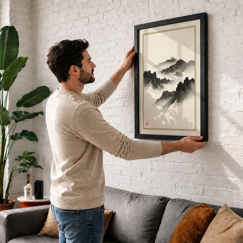 Mountains in Mist Japandi - Framed Print, Walnut, A1 - 84.1 x 59.4 cm