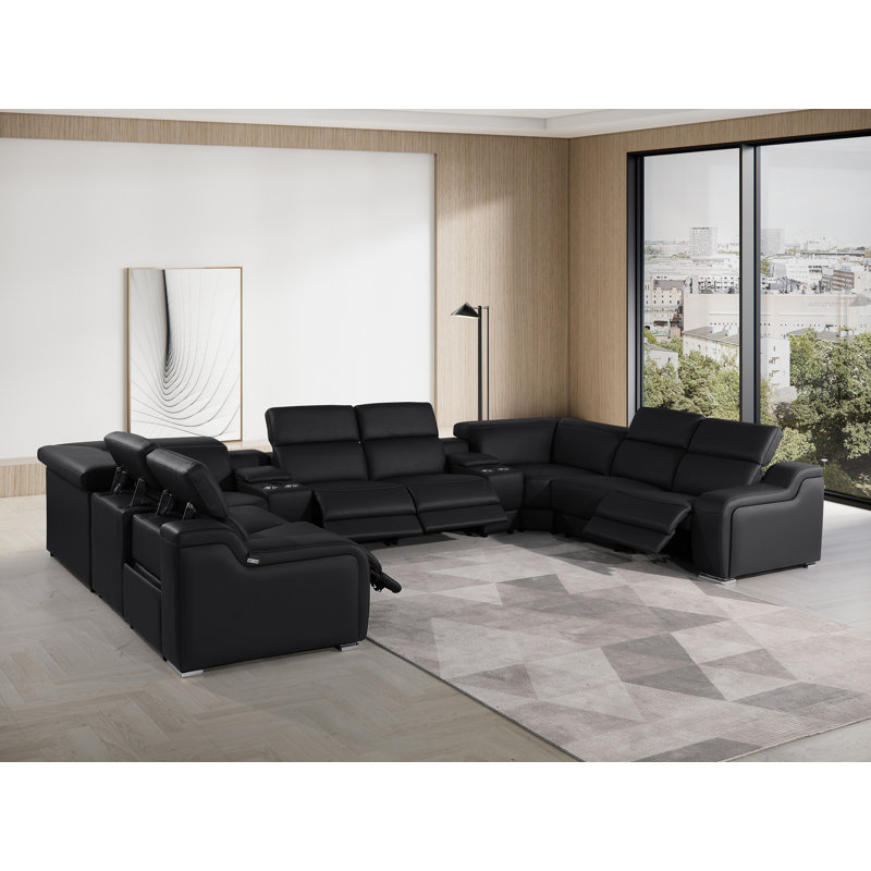 Stanwin 10 - Piece Top Grain Italian Leather Power Reclining Corner Sectional, Black Genuine Leather
