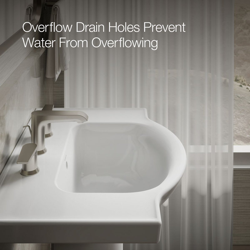 Veer Ceramic Pedestal Bathroom Sink with Overflow, White, 7.99" H x 24" L x 18.25" W, 8" Centers