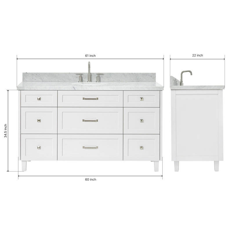 ARIEL Monroe 54 Single Sink Bathroom Vanity with Carrara Quartz Top, 61", Carrara White Marble, Gray