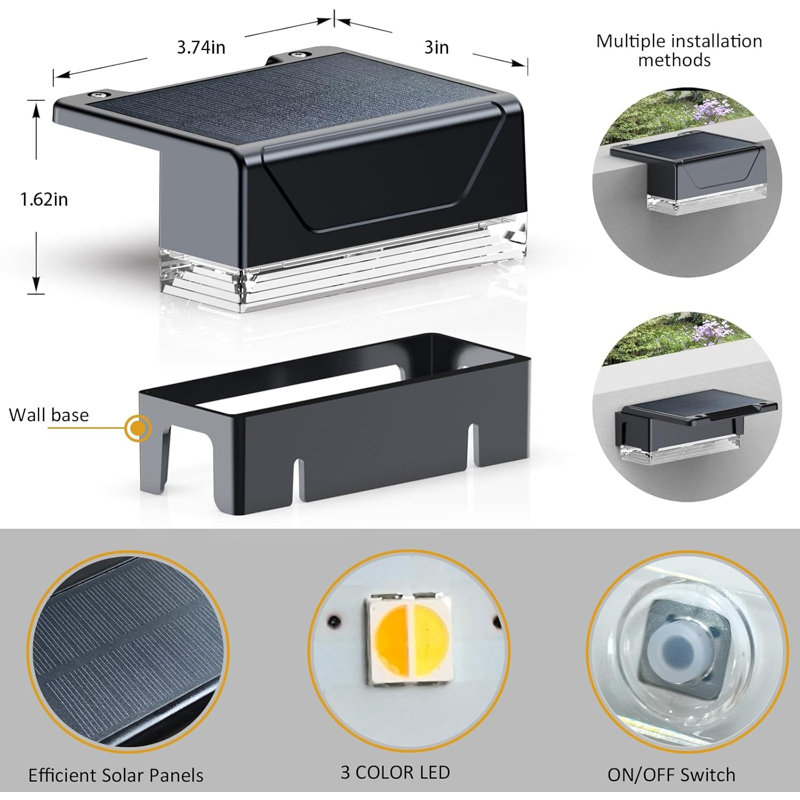 3 modes de couleur (3000k / 4000k / 6000k), lumières solaires imperméables Ip55, lumière de clôture à énergie solaire pour l'extérieur, cour arrière, rampe, marches, patio et éclairage mural (4)