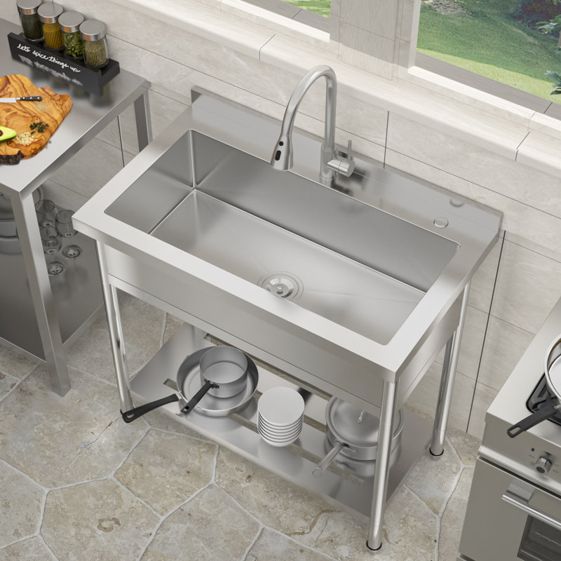 Évier de cuisine encastré en acier inoxydable à cuve simple l 36 po x P 21 po avec robinet coulissant, Acier Inoxydable