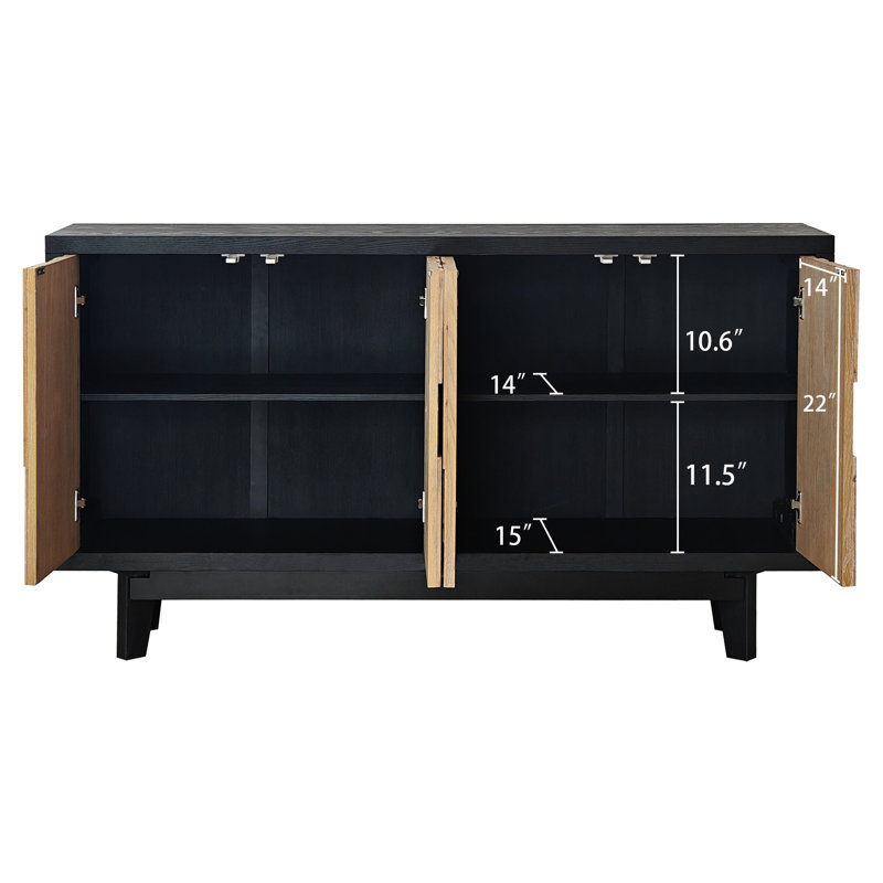Buffet en bois naturel avec détails géométriques - Buffet rustique texturé à 4 portes avec rangement pour la maison, design fonctionnel