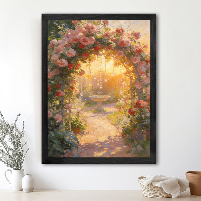 «Black» encadrée porte rétro envahie de roses menant au jardin, impression sur toile impressionniste, H 11 po x l 9 po