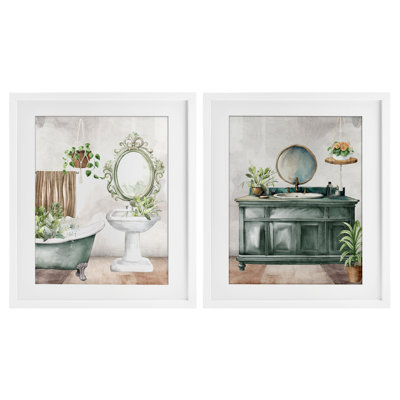 Bath Greens Botanical Interior 2pc Framed Print Under Glass Set, design by Kim Allen