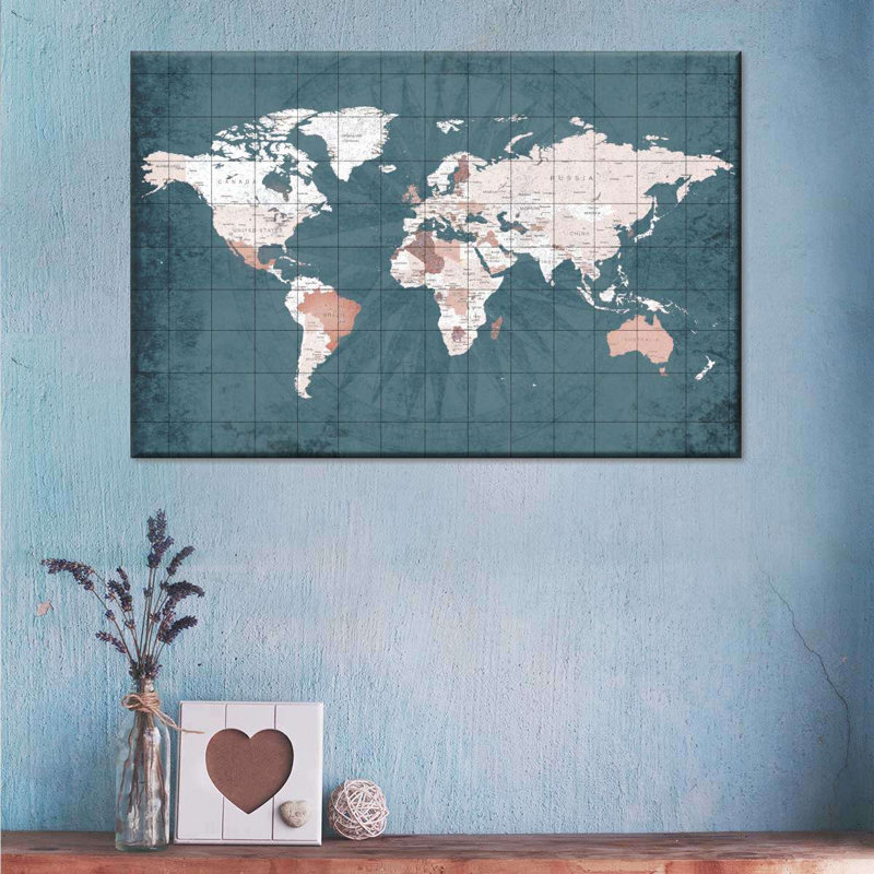 Carte du monde en acier bleu sur toile, H 26 po x l 39 po x P 1,25 po