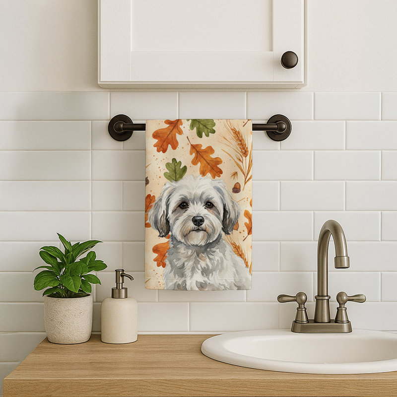 White with Gray Coton de Tulear Heirloom Fall Kitchen Towel, White with Gray Coton de Tulear