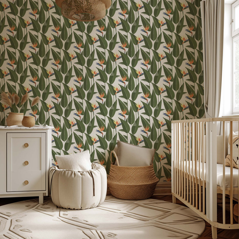 Birds of Paradise - Wallpaper, White, Faux Grasscloth