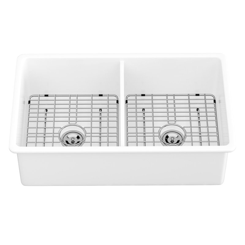32" Double Bowl Ceramic Kitchen Sink - White Rectangular Basin For With Scratch Resistance