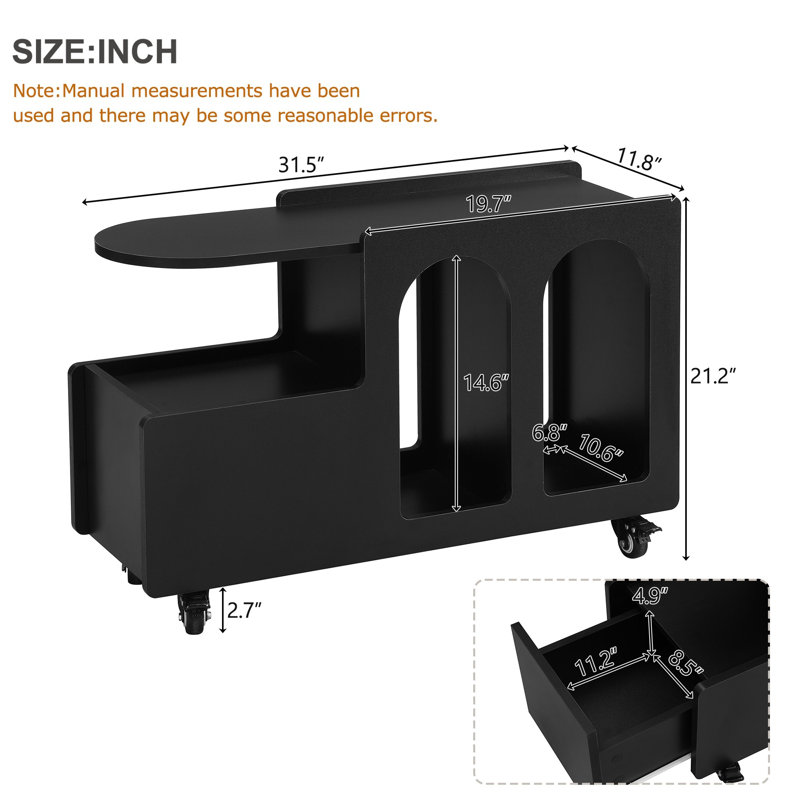 Mobile End Table With Lockable Wheels And Storage Drawer, Black