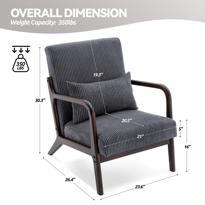 Mid Century Modern Accent Chair, Living Room Chairs With Pillow Upholstered Boho Arm Chiar Reading Chair With Solid Wood Frame & Corduroy Fabrics For Living Room Bedroom (dark Grey)