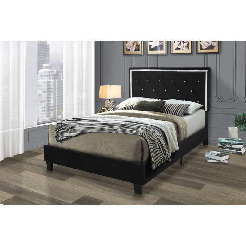 Fusco Velvet Upholstered Wood Platform Bed Fully Slated, Black, Queen