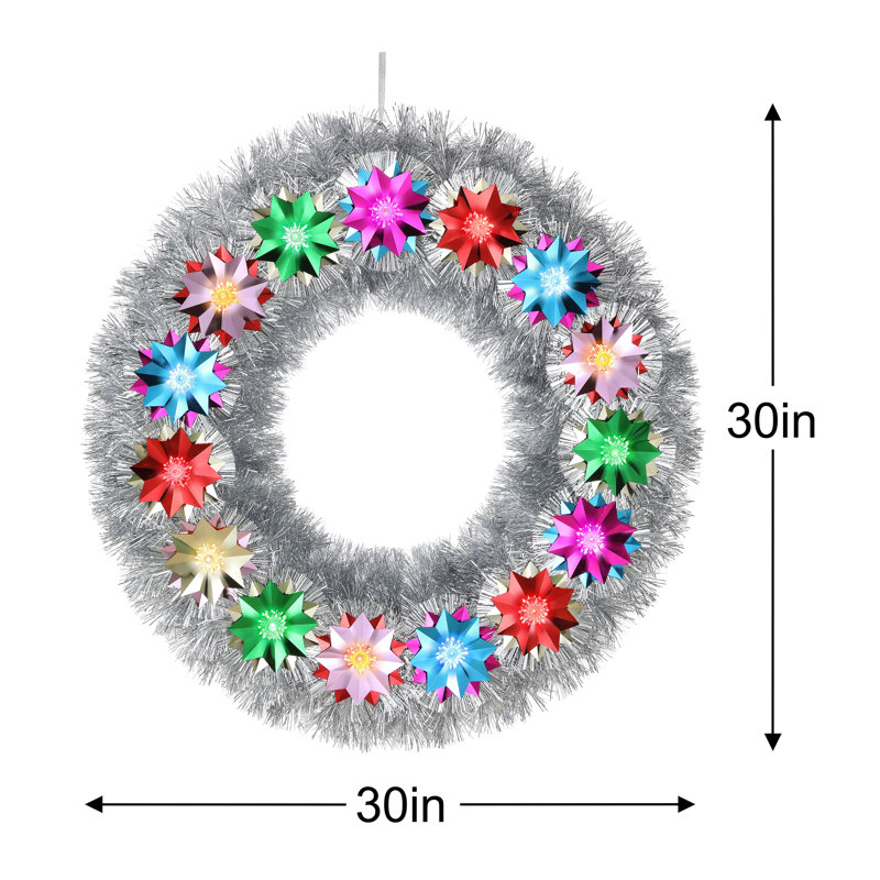 30 in. Tinsel Wreath with Flower Pom-poms