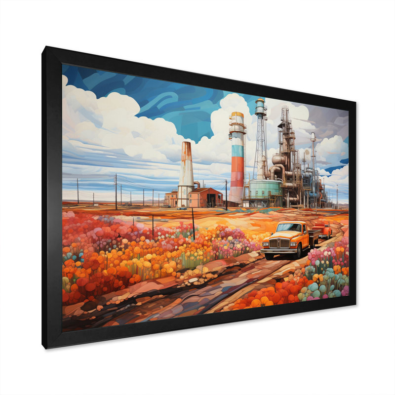 «Orange Oil Rigs», installation sur toile, Cadre photo noir, H 12 po x l 20 po x P 1 po
