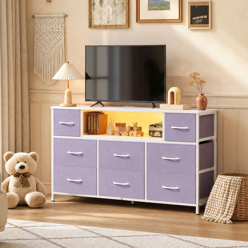 Commode l 47,2 po avec lumières DEL et station de charge pour la chambre à coucher, commode avec structure en acier robuste, meuble télé avec tiroirs en tissu pour chambre d'enfant et salon