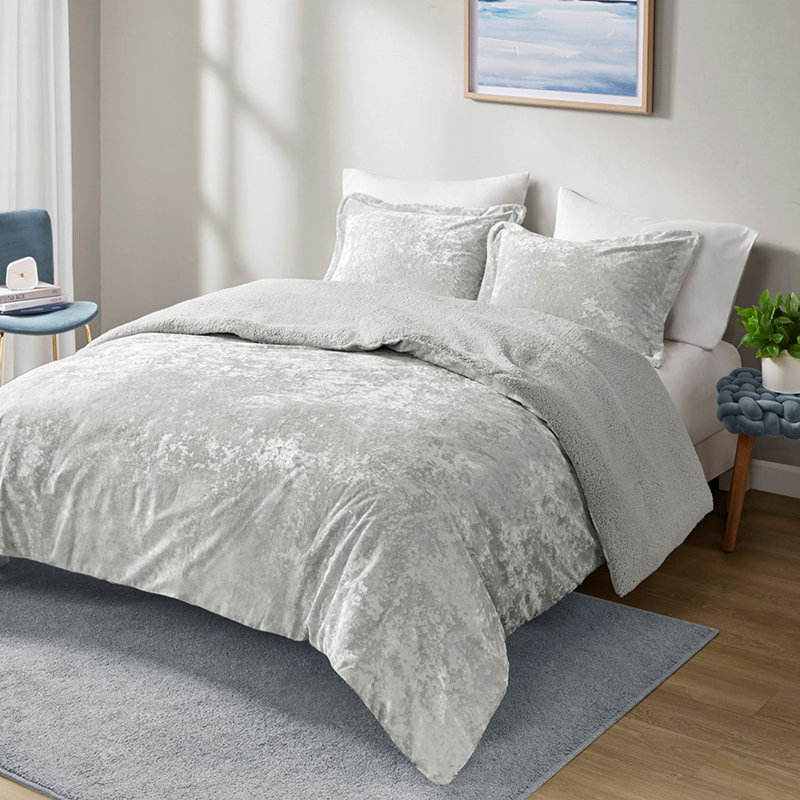 Ensemble d'édredon réversible en sherpa concassé, Gris, Édredon double + 2 taies décoratives standards