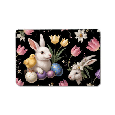 Bold Black Background Bath Mat 24x36 - Bunny, Chick & Tulip Non Slip Design