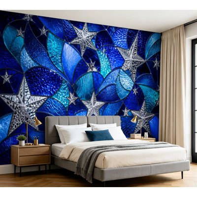 Papier peint adhésif mural en mosaïque de vitrail bleu à motif d'étoiles abstraites, papier autocollant amovible, décoration murale pour salon, chambre à coucher H 100 po x l 144 po