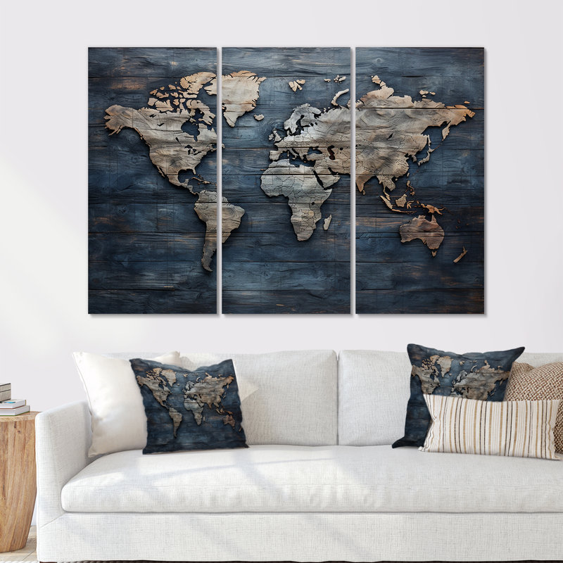 «Rustic Route World Map II», ensemble de reproductions d'art mural carte du monde, H 40 po x l 60 po x P 1 po