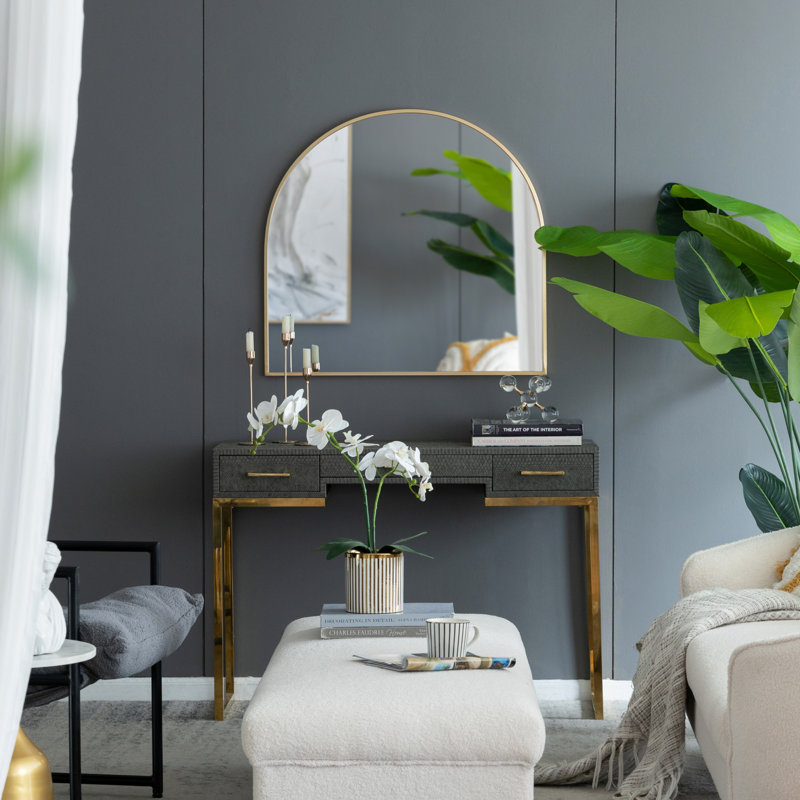 33" X 31"  Arched Decorative Accent Mirror With Iron Gold Frame, Wall Deor For Bathroom, Bedroom, Entryway, Mantel, Mirror