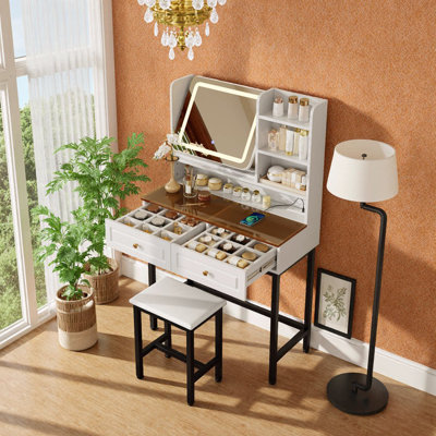 Led Makeup Vanity With Rotatable Mirror, 2 Drawers, 3-Tier Shelves, Power Outlets, And Sturdy Metal Frame