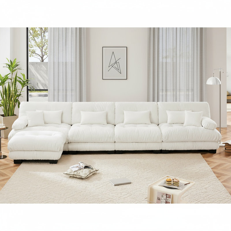 Cloud Couch Sleeper Sofa With 1 Ottoman, Chenille 4-Seater Sectional Sofa Bed Include Lumbar & Throw Pillows, White Chenille