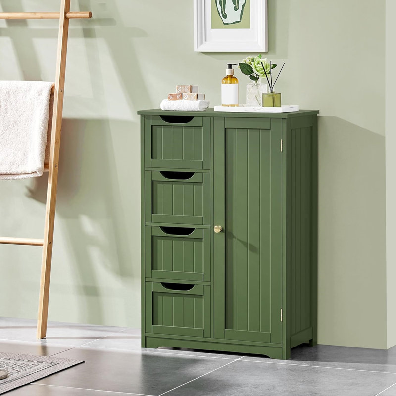 4-Tier Storage Cabinet With Drawer Bins And Open Shelving - Green Wooden Cabinet For Bathroom, Bedroom, Or Living Room Organization