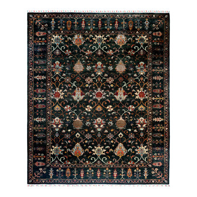 Tapis unique noué à la main Tribal - vert, 8 pi 2 po x 9 pi 8 po