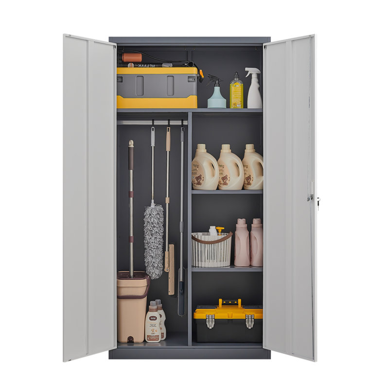 Gray Metal Large-Capacity Wardrobe With Hanging Rod And Compartments, Lockable Closet With Locks & Keys, Steel Construction, Waterproof & Fireproof, Suitable For Bedroom, Living Room And Laundry Room.