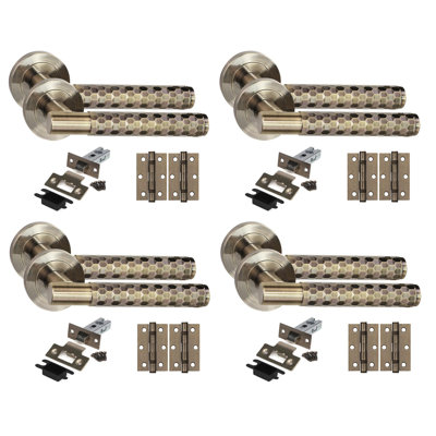 Golden Grace 4 Set Knurled Hex Cut T-Bar Door Handle Set with Ball Bearing Hinges and Latch