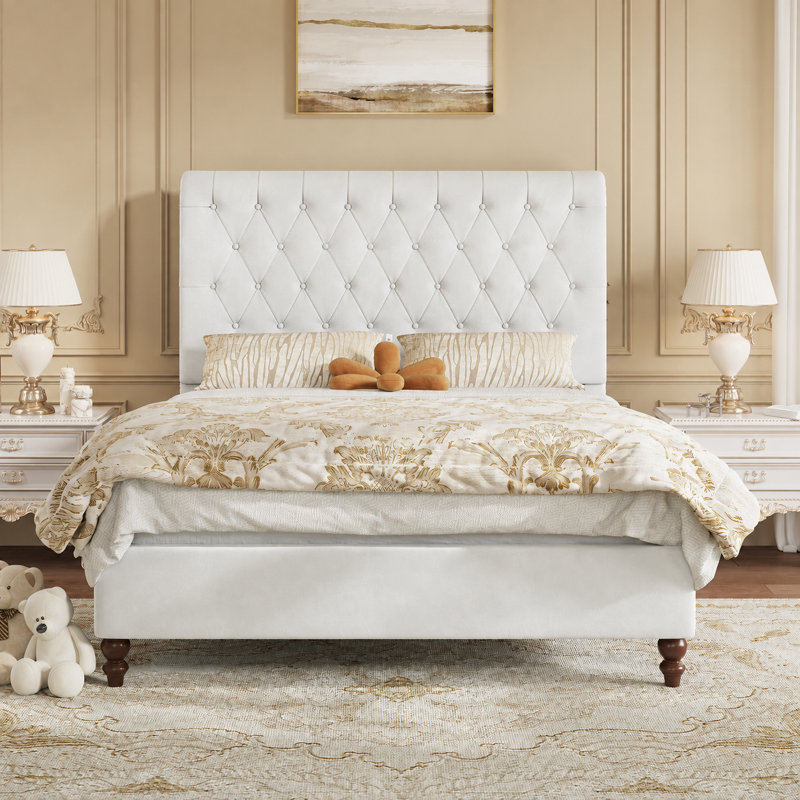 Velvet Upholstered Bed With Deep Button-tufted Rolled-edge Headboard, Double (4'6), White