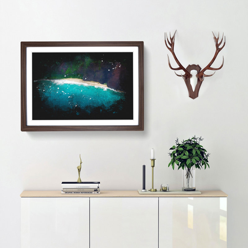 Beach In Hawaii Paint Splash - Framed Print, 62cm H x 87cm W x 2cm D, Walnut Framed