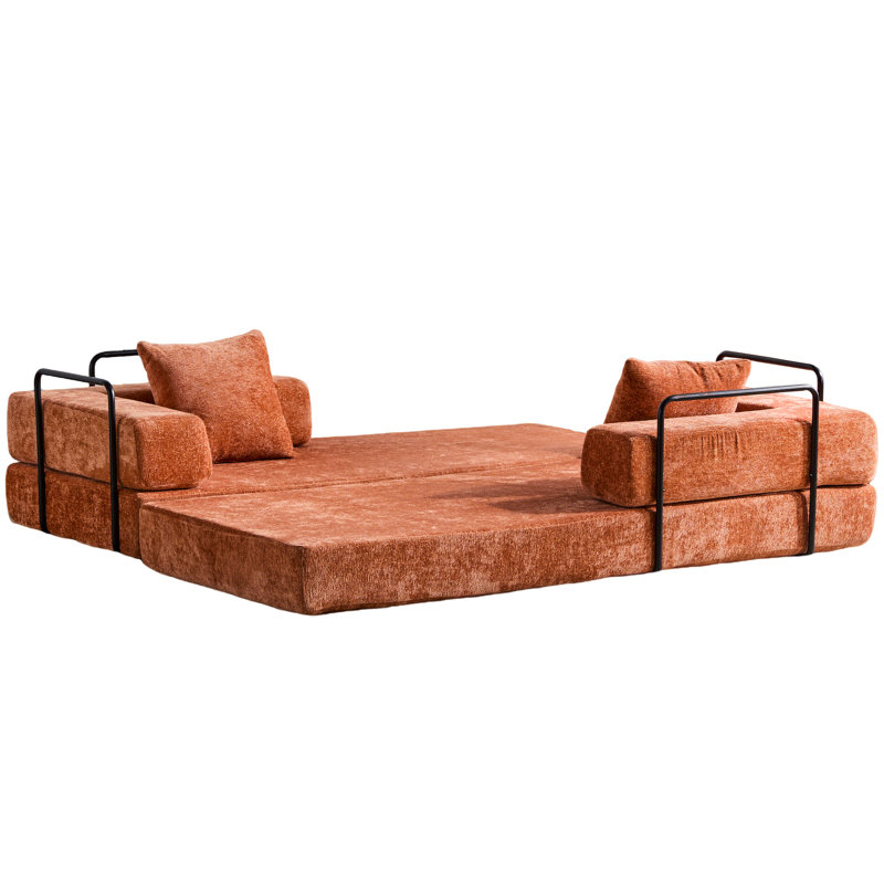 Orange Compression Convertible Floor Couch, 3 - Seat Futon Bed With Pillow Back And Armrest, Chenille Fabric For Reading Nooks Bed, Quiet Moments