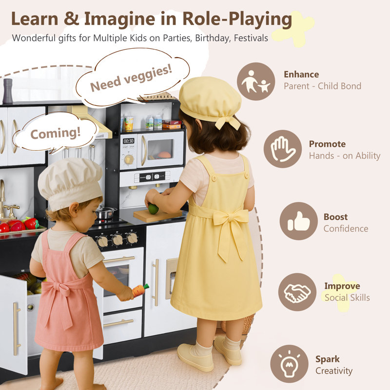 Wooden Kids Play Kitchen, Toy Kitchen Playset for Toddler, Realistic Kitchen Sets w/Lights & Sounds, Gift for Boys Girls Age 3+