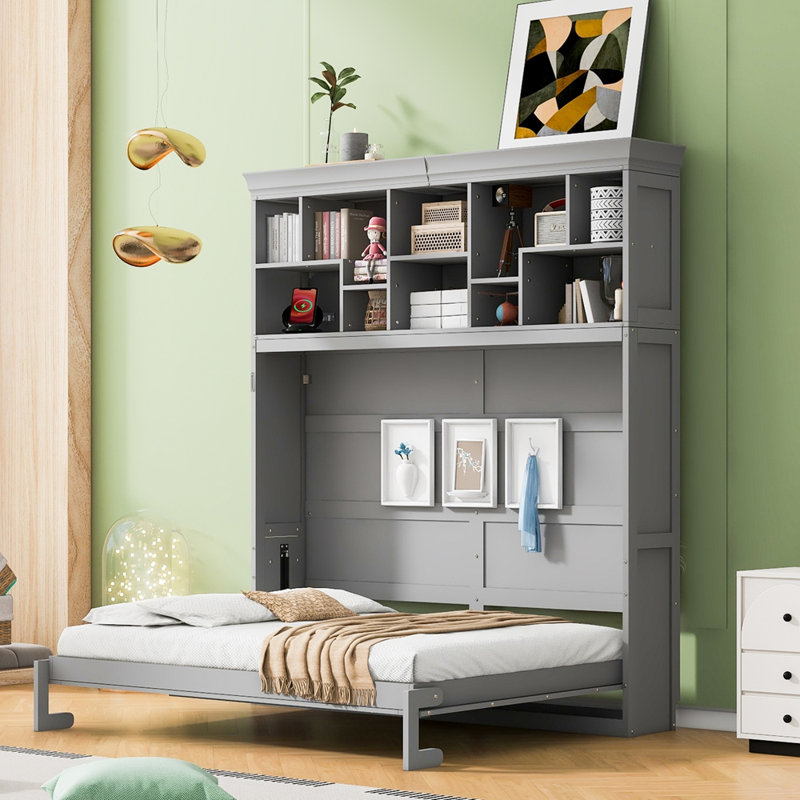 Grand lit escamotable mural avec tablettes supérieures et prise USB, Grey