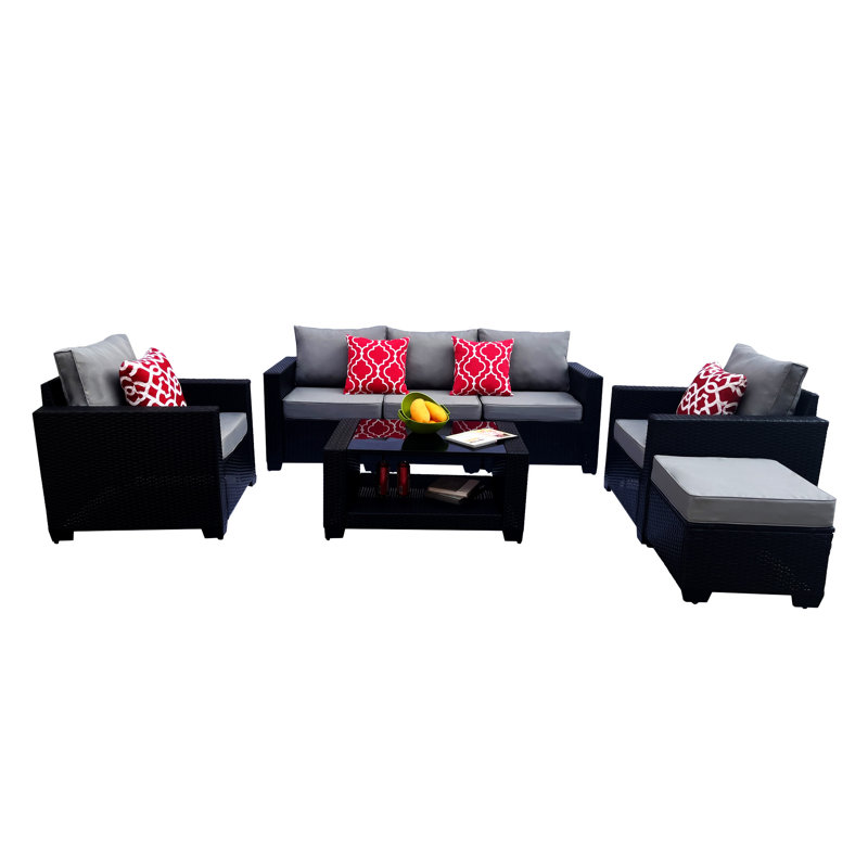 Ensemble de canapé d'extérieur en rotin PE 7 pièces et table basse, Gris