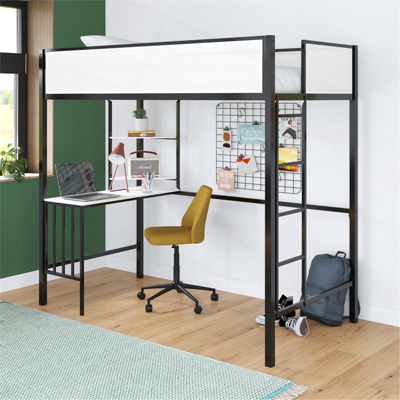 Lit mezzanine double avec bureau et tablettes Axel, Lit double