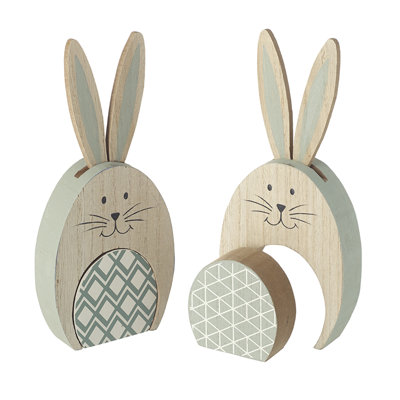 Wooden Rabbit & Pastel Checked Egg Set