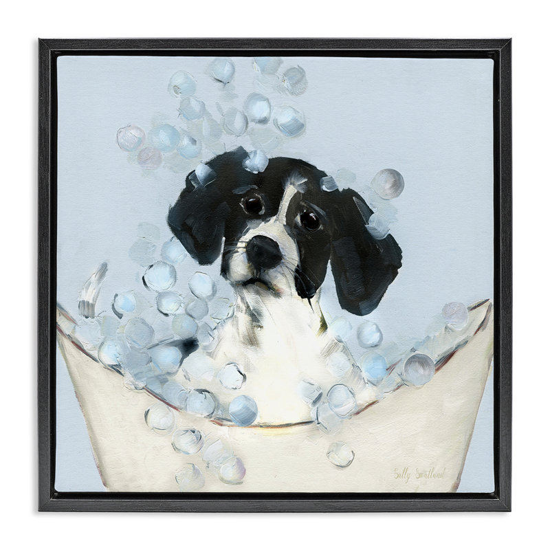Chiot noir et blanc dans un cadre flottant de baignoire, design par Sally Swatland, Cadre flottant noir de jais
