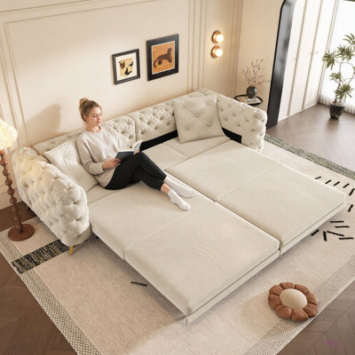 97.7" 3-in-1 Convertible Sleeper Sofa, 28.4" Deep Seat Pull Out Sofa Bed, Button Tufted Modern Sofa, 4-Seater Couch with Movable Ottoman for Apartment, Office, Bedroom