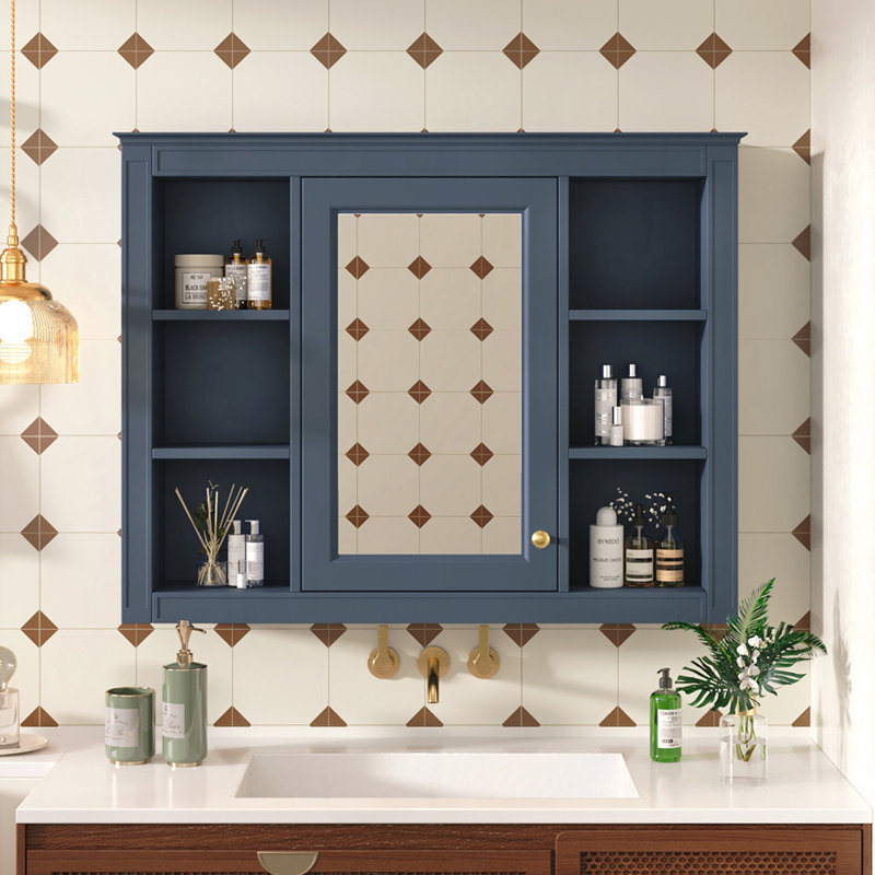 Armoire de rangement murale avec miroir et 6 tablettes ouvertes pour salle de bain, Bleu
