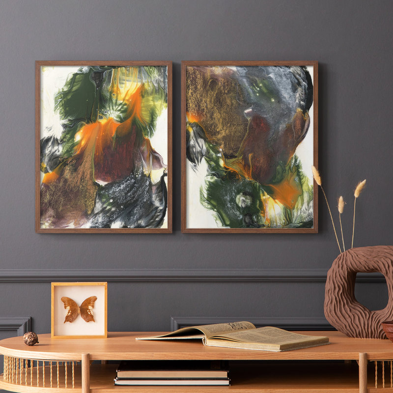 Impression encadrée orange-verte I-Premium - prête à être accrochée - aucun clou requis - aucun clou requis, Noyer