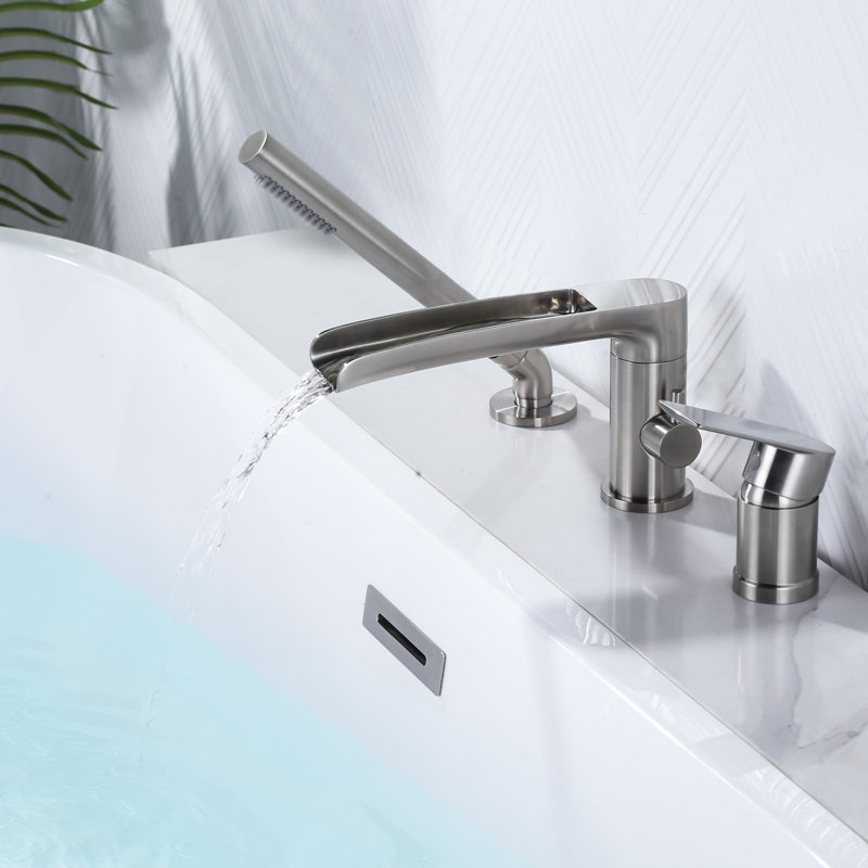 Waterfall Deck-Mount Roman Tub Faucet With Hand Shower, 3-Hole Single Handle Bathtub Faucet, Brushed Nickel