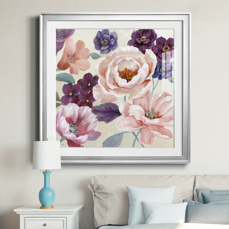 Douce romance - peinture encadrée, Encadrement argenté, H 30,5 po x l 30,5 po x P 1,5 po